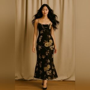 Black and Gold Floral Maxi Dress, Size 8. Long And Flare Hemline. Back Zipper